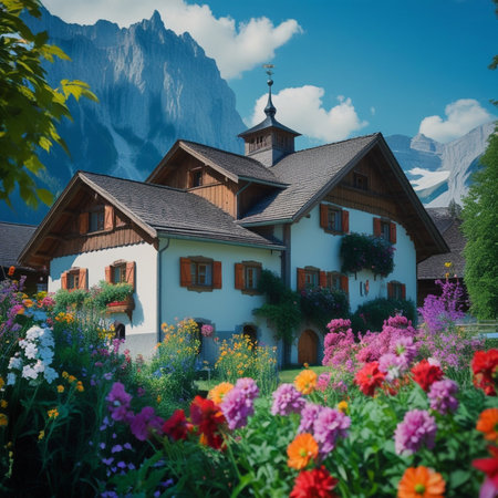 Alpine village with wooden houses, flowers and mountains in the backgroundの素材