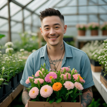 Portrait of a smiling young man holding a box with flowers in a greenhouseの素材