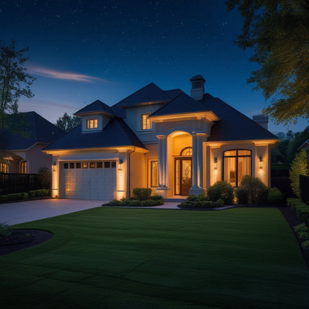 Large luxury house at night with green lawn and blue sky background.の素材