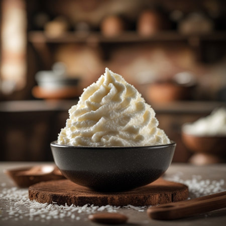 Coconut ice cream in a black bowl on a wooden backgroundの素材