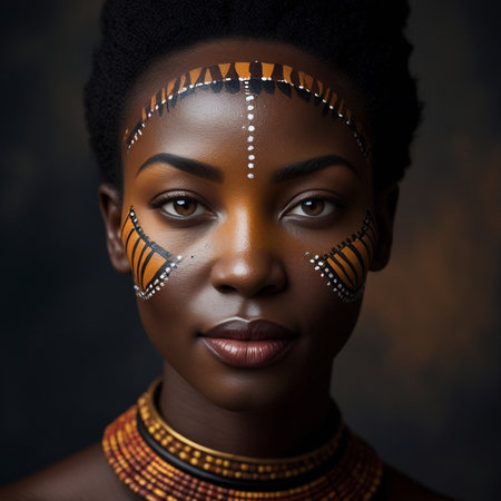 Portrait of a beautiful African woman with face art on her faceの素材