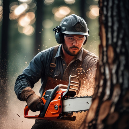 Portrait of a lumberjack with a chainsaw in the forestの素材