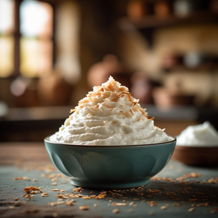 Creamy whipped cream in a blue bowl. Selective focus.の素材