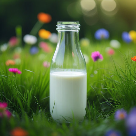 Bottle of milk on the grass with flowers in the background.の素材