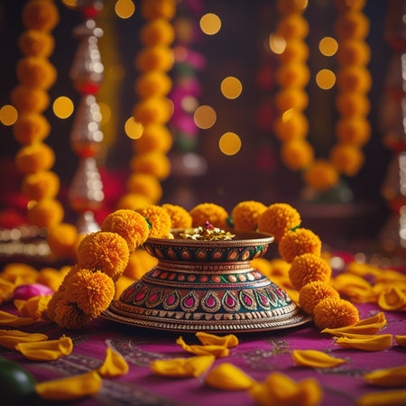 Indian Festival Dussehra, showing golden marigold flowers and floral garlandの素材