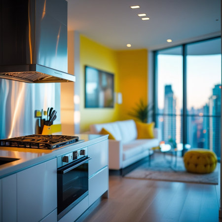 Modern kitchen interior in new luxury house with bright yellow walls and large windows.の素材