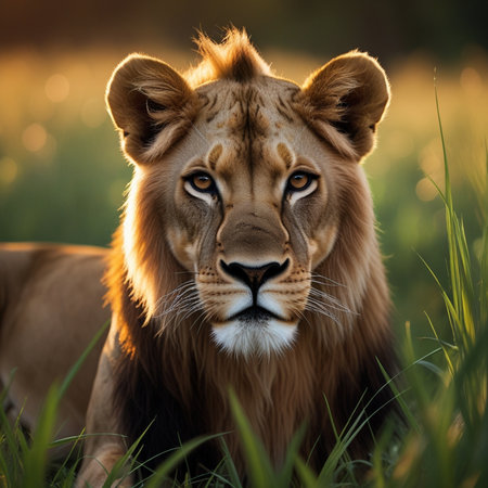 Portrait of a lion in the grass in the sunset light.の素材