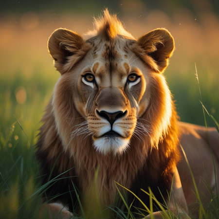 Portrait of a lion in the grass in the sunset light.の素材