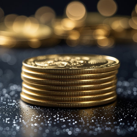 Stack of gold coins with bokeh light background, business conceptの素材