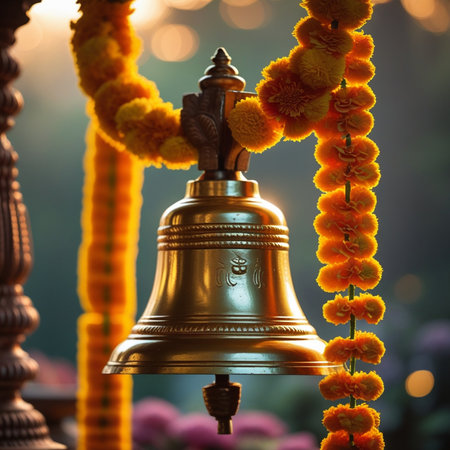 Jasmine garland with golden bell and flower in temple.の素材