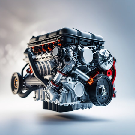 3D illustration of a powerful car engine on a gray background.の素材