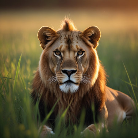 Portrait of a male lion lying in the grass in the sunset lightの素材