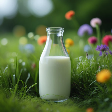 Milk in a glass bottle on green grass with flowers in the backgroundの素材