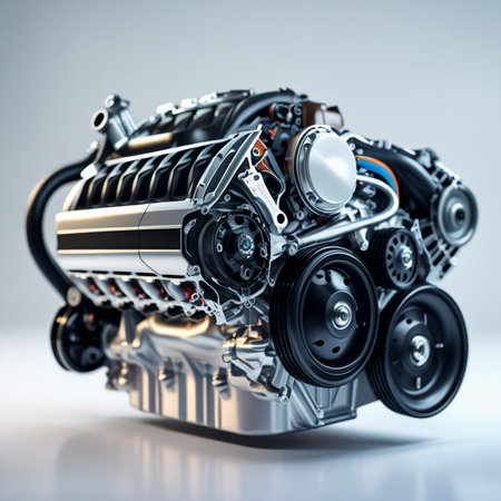 3d rendering of a car engine on a white background with reflectionの素材