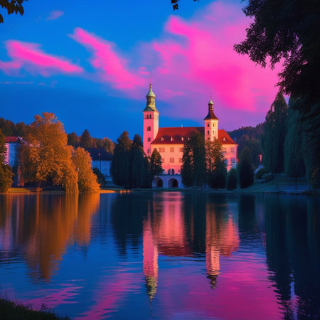 Sunset view of Bled Castle, Slovenia. Bled Castle is one of the most beautiful castles in Slovenia.の素材