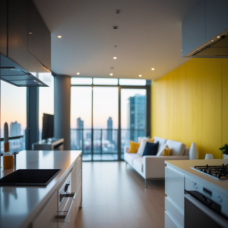 Interior of modern kitchen with yellow walls, panoramic windows and living roomの素材