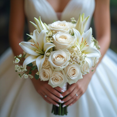 Wedding bouquet of white roses in the hands of the brideの素材