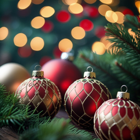 Christmas and New Year holidays background with bokeh lights and festive ornamentsの素材