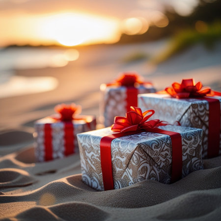 Gift boxes on the beach at sunset. Christmas and New Year concept.の素材