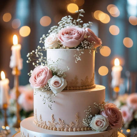 Wedding cake decorated with flowers. Wedding cake on the background of the interior.の素材