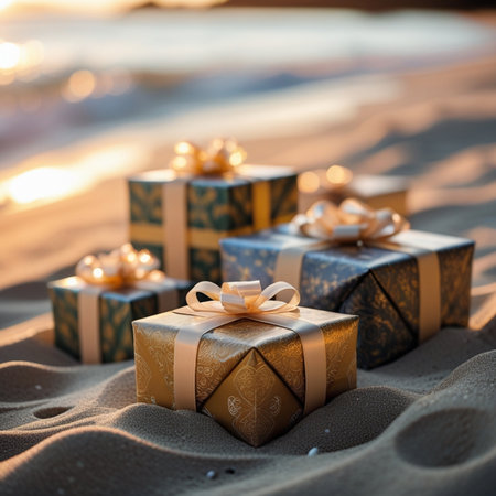 Gift boxes on the beach at sunset. Holiday and celebration concept.の素材