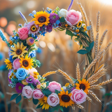 wreath of flowers on a wheat field at sunset, shallow depth of fieldの素材