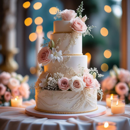 Wedding cake decorated with flowers and candles on the table.の素材