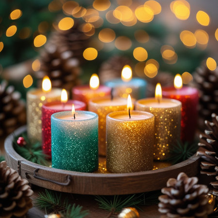 Christmas decoration with burning candles, fir branches and bokeh lightsの素材