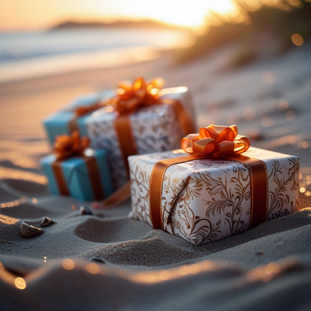 Wrapped gifts on the beach at sunset. Selective focus.の素材