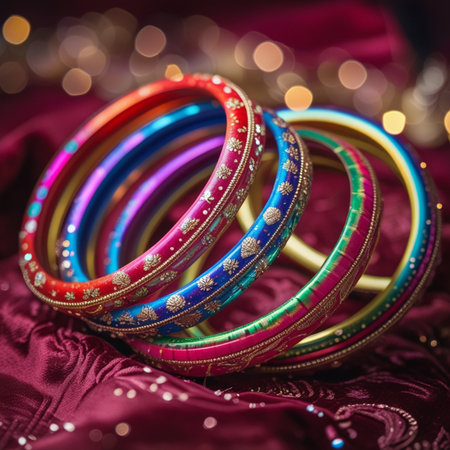 Indian wedding rings on red satin with bokeh background.の素材