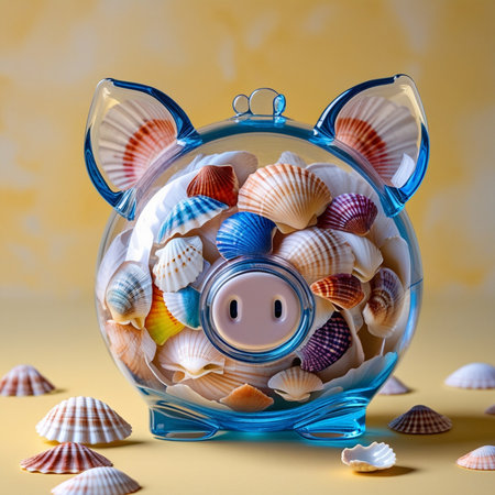 Piggy bank with colorful seashells on yellow background.の素材