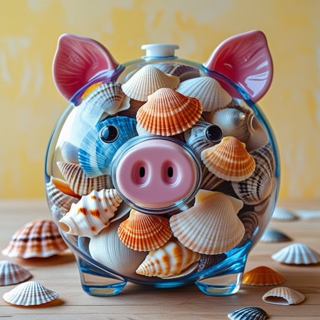 Piggy bank with seashells on a wooden background.の素材