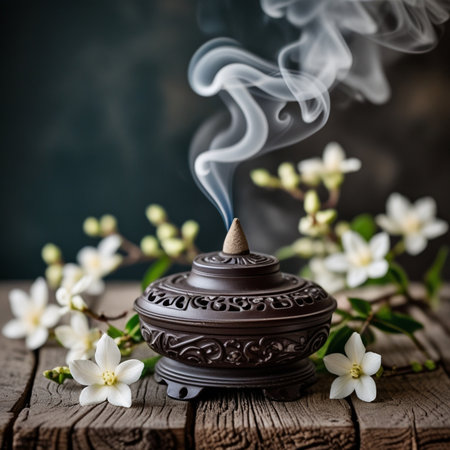 Burning incense with jasmine flowers on old wooden tableの素材