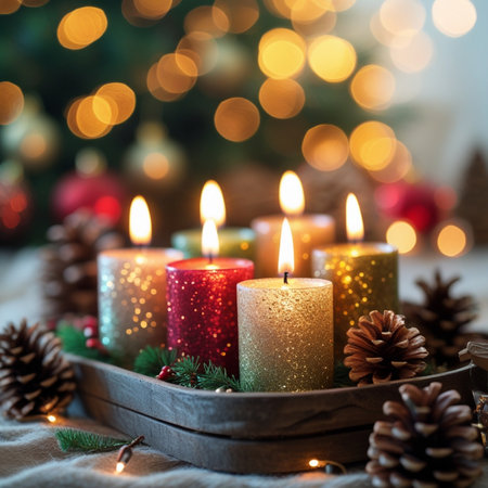 Christmas and New Year greeting card with burning candles, pine cones and bokeh background.の素材