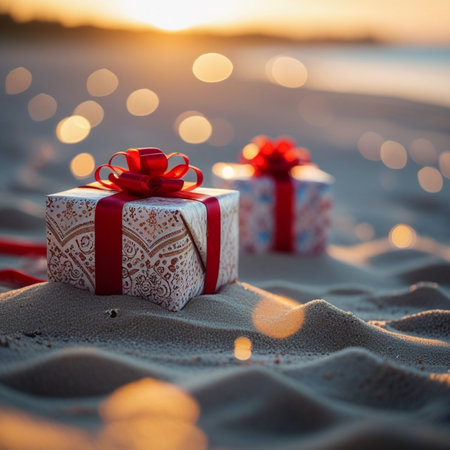 Christmas gift boxes on the beach at sunset. Christmas holidays concept.の素材
