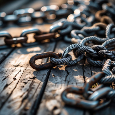 Rusty chain on a wooden background. Selective focus. Toned.の素材