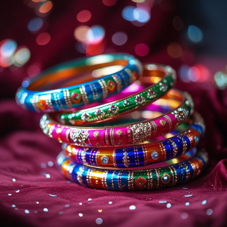 Indian Bracelets on a background of bright bokeh.の素材