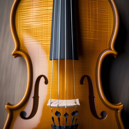 Close-up of a violin on a wooden background. Musical instrument.の素材