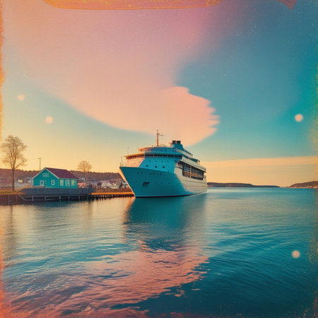 Cruise ship on the water at sunset. Vintage style picture.の素材