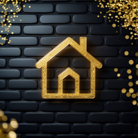 Golden glowing home icon on black brick wall background. 3d illustrationの素材