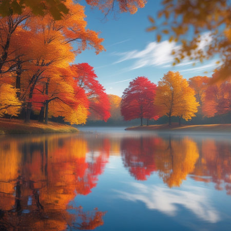 Beautiful autumn landscape with colorful trees and lake reflection in water.の素材