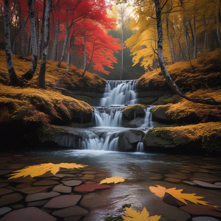 Autumn waterfall in the forest with fallen leaves. Colorful autumn landscape.の素材