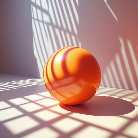 Orange ball in the room with sunlight and shadows. 3d renderの素材