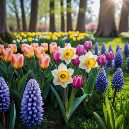 Colorful tulips and hyacinths in the spring gardenの素材