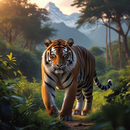 Beautiful tiger walking in the jungle at sunset. 3d renderingの素材