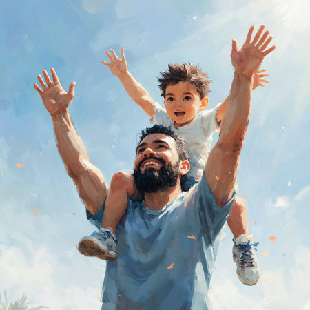 Father and son playing in the park. Illustration of happy family.の素材