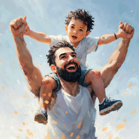 Digital painting of a father carrying his son on his shoulders in the airの素材