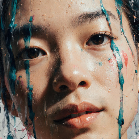 Portrait of a beautiful young Asian woman with blue and white paint splashes.の素材