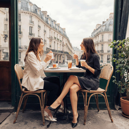 Two young women sitting at a table in Paris, drinking coffee and talking.の素材