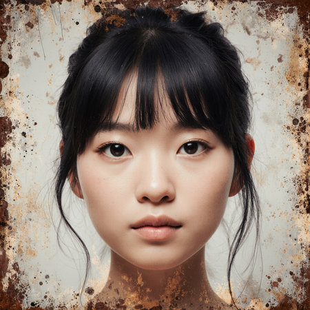Beauty portrait of young Asian woman with clean fresh skin over rusty background.の素材